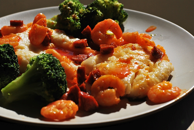 cod fillet with prawns and chorizo