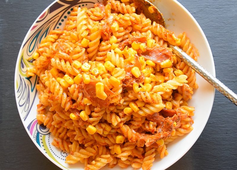 Fusilli pasta and red pesto salad